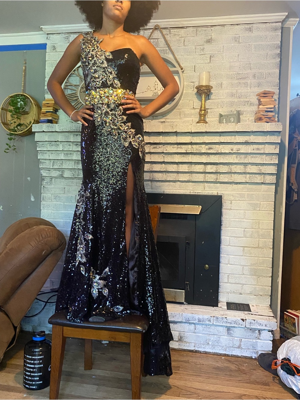 Panoply Black Sequin One-Shoulder Gown with Gold Embellishments